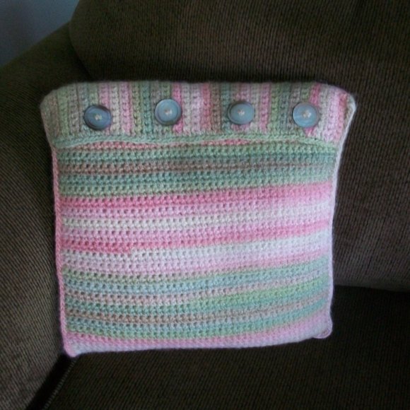 Crochet Stripe Wool Decorative Throw Pillow Pink Green Beige - Picture 2 of 4
